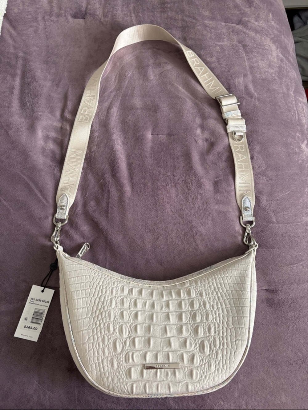 Brahmin beige Croc-Embossed Crossbody Bag with Adjustable Logo Strap